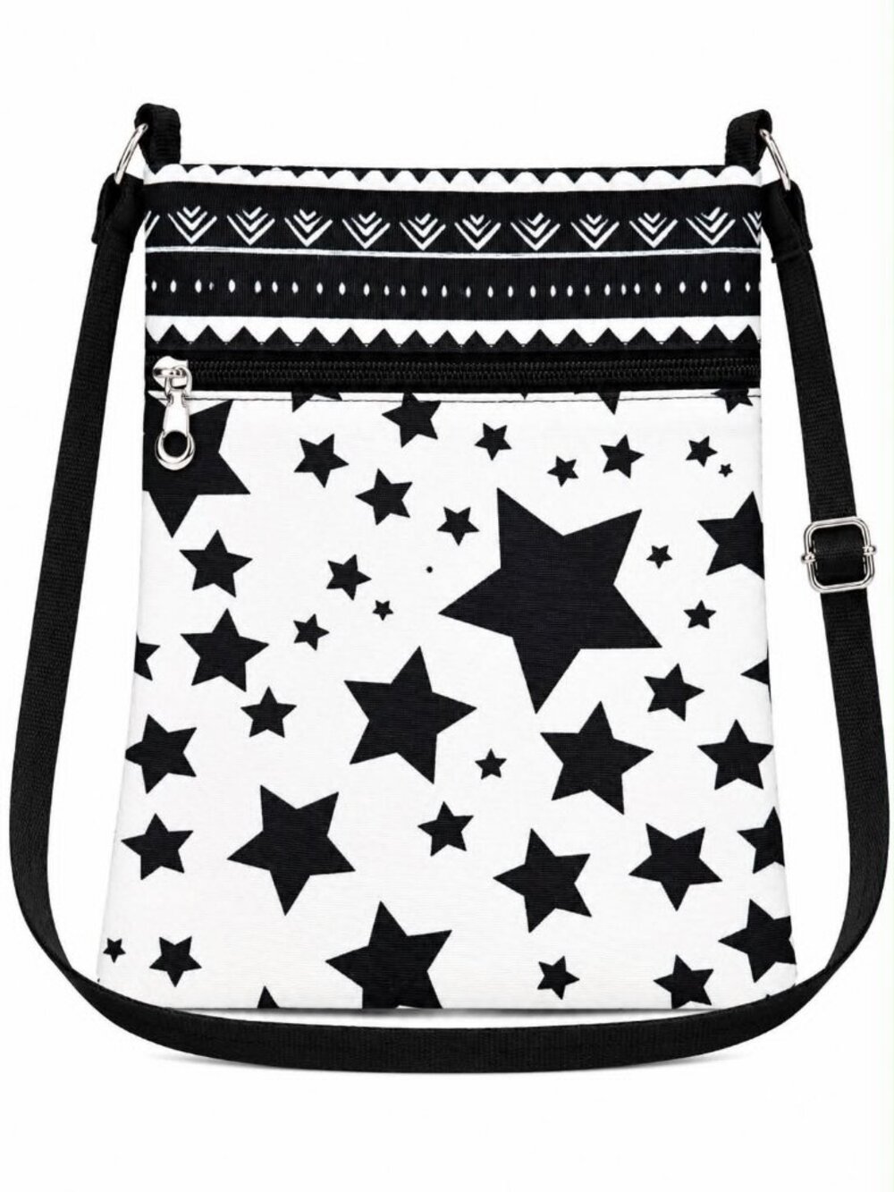 Black & White Stars Crossbody Bag with Adjustable Black Strap